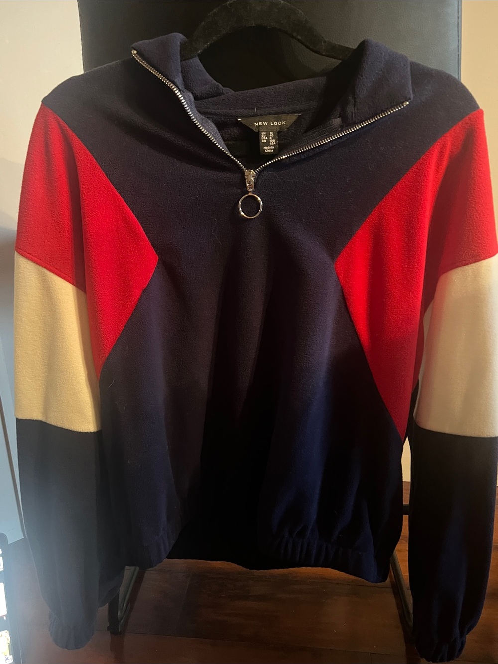 New Look Men's Navy Zip-Up Colorblock Sweater with Red and Cream Panels